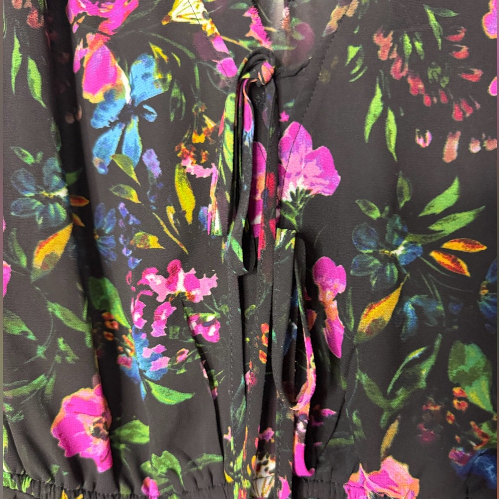 EUC Nicole Miller Black Floral Tie-Front Blouse - Picture 3 of 5
